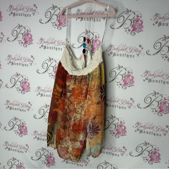 Venus USA tank top halter tie up beaded accent boho floral paisley flowy orange - Picture 3 of 7